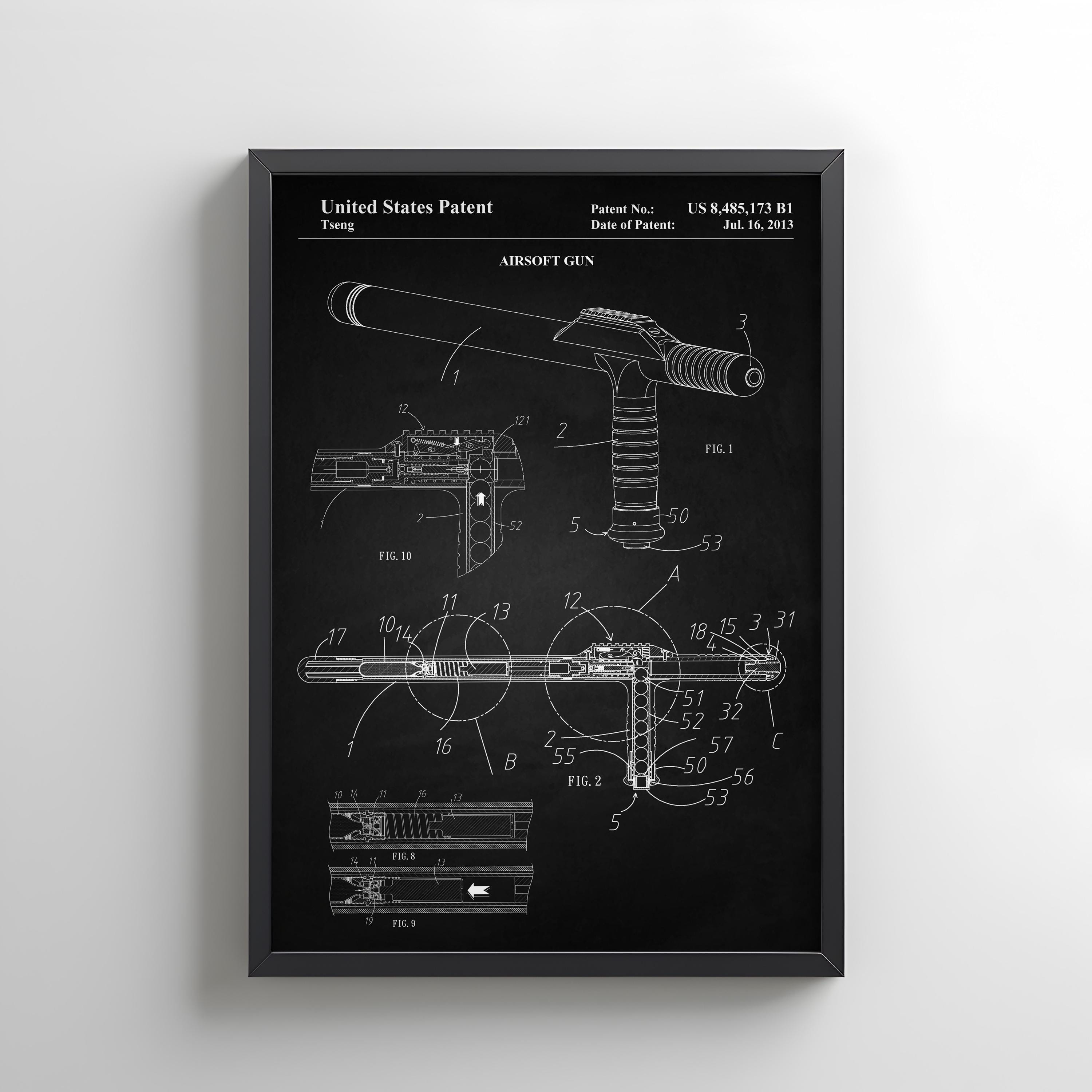 Design of an Airsoft gun from the US Patent Office. Poster  gift for airsoft players, paintball, wall art, outdoor sport