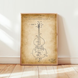 Vintage cello design from1934 from US Patent Office. Poster gift for cellist, cello player, orchestra, stringed instrument, musician, music