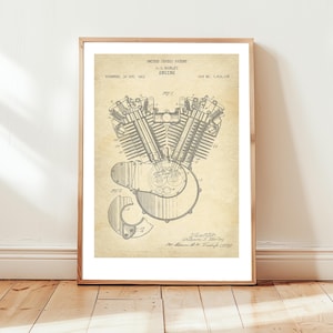 Harley-Davidson motorcycle engine from US Patent Office. Poster gift classic motorcycle decor, biker, biker&#39;s gift, harley-davidson poster