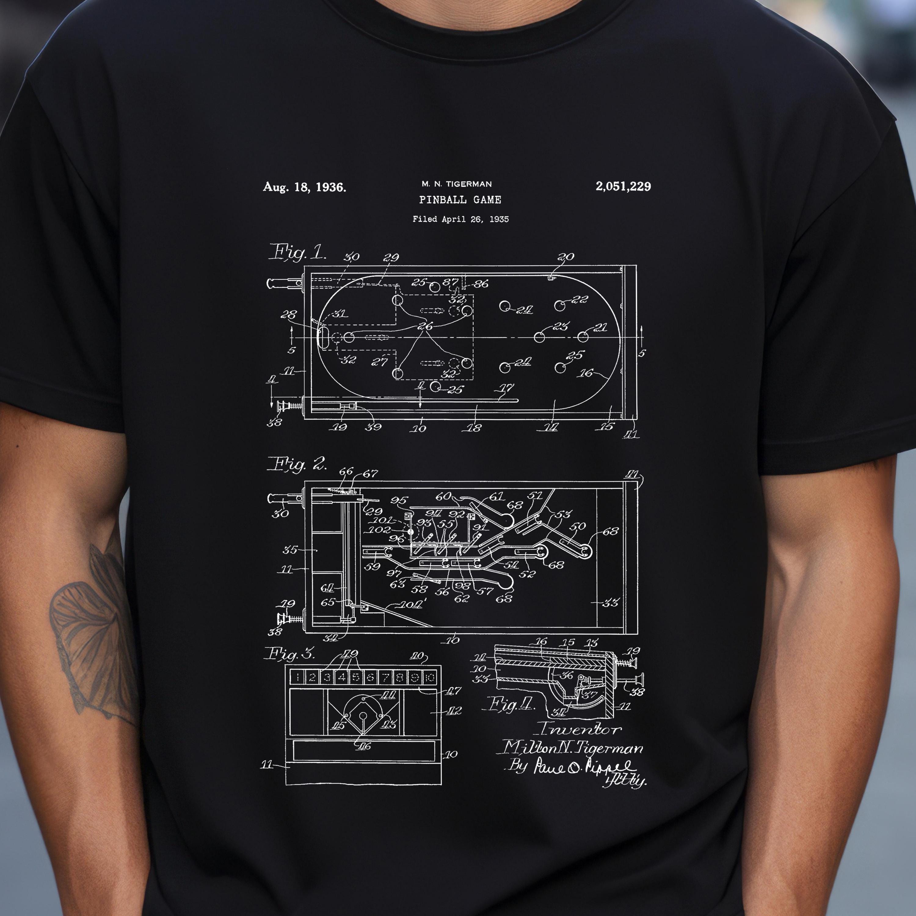 Projekt maszyny do gry w pinball z US Patent Office. Koszulka prezent dla gracza w pinball, gra retro arcade, prezent dla gracza w pinball, vintage arcade, koszulka z pinballem,