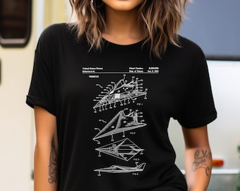 F117 Stealth Fighter T-Shirt, Original Patent Drawing Graphic - Made In USA Cotton - Aviation Gift For Military Pilot