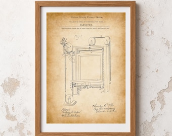Otis Elevator Design - 1880 U.S. Patent, Historic Wall Art | Architect Gift | Safety Drawing | Industrial Art
