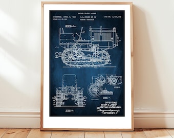Bulldozer design from US Patent Office. Poster gift construction site engineer, machinery, earth moving machine, office decor,