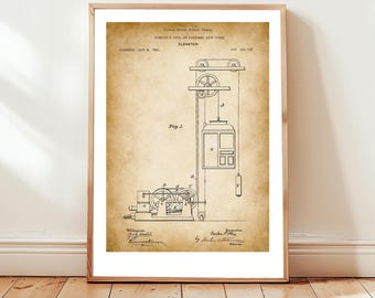 Early historic elevator design  from by OTIS from 1869 from US Patent Office. Poster gift  for architect, architecture, building services,