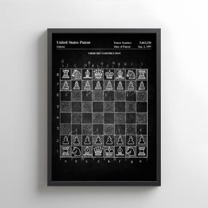 Design chess board game from the US Patent Office. Poster gift for chess player, board games, chess gifting,