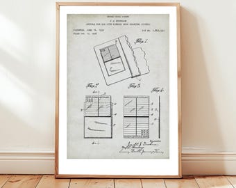 Library card design from US Patent office. Poster gift librarian, library, bookshop, bookseller,  reader, bookworm