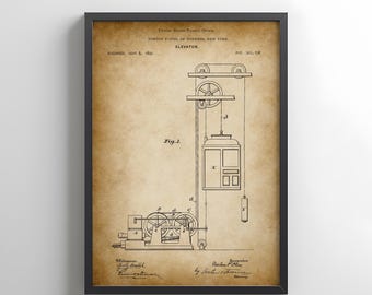 FREE US postage. Elevator design by Otis from 1869 from the US Patent Office. Perfect poster for architect, architecture, building services,