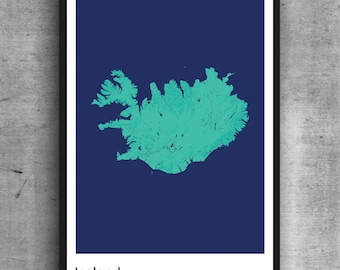 Minimalistisches Kartendruckplakat für Island. Hochwertiges, farbenfrohes Poster von Island auf hochwertigem Kunstdruckpapier
