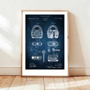 Padlock design from 1877 from US Patent Office. Poster gift locksmith, security, locks, vintage lock,