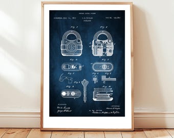 Padlock design from 1877 from US Patent Office. Poster gift locksmith, security, locks, vintage lock,
