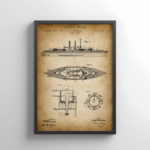 Naval warship design from 1900 from US Patent Office. Poster gift for military, sailor, navy , naval, history, battleship,