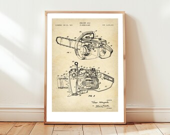 Chainsaw design from US Patent Office. Poster chainsaw gift, DIY, lumber, lumberjack, handyman, power tool,  garage, forester, forestry