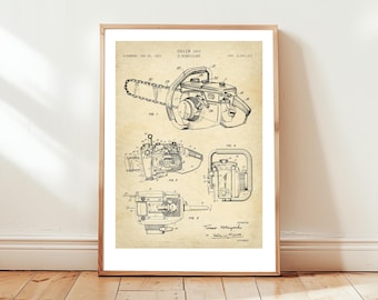 Chainsaw design from US Patent Office. Poster chainsaw gift, DIY, lumber, lumberjack, handyman, power tool,  garage, forester, forestry