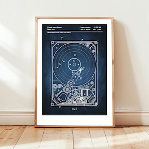 Computer hard disk drive design from US Patent Office. Poster gift IT, computer engineer, technology, computing, hardware, data, science