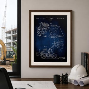 Front loader machine  from US Patent Office. Poster gift industrial art, construction plant, office decor, for him,