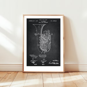 Tuba design from US Patent Office. Poster gift for Tuba player, brass band, orchestra, music lover , musical instrument, music room wall art