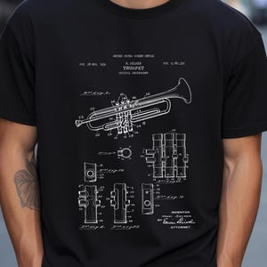 Design of trumpet by Selmer from the US Patent Office. T-shirt gift for trumpet player, trumpeter, brass instrument, music lover, musician