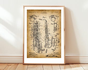 Design of saxophone  from US Patent Office. Poster gift for  musician, music lover, alto sax, saxophone player, saxophonist, jazz fan,