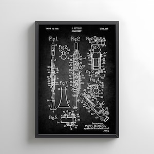 Design of vintage clarinet 1929 from US Patent Office. Poster gift for clarinettist, clarinet player, woodwind, band, musical instrument