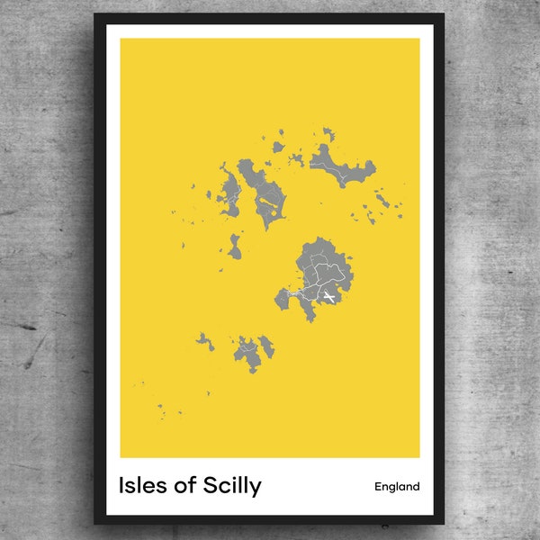 Affiche imprimée carte minimaliste moderne des îles Scilly. Affiche colorée de qualité de l'île des îles Scilly, Angleterre sur papier d'art de qualité