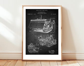 Design of earth moving bulldozer machine from 1936 from the US Patent Office. Poster gift for construction worker, bulldozer wall art, decor
