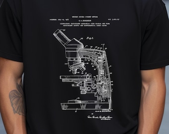 Microscope Design T-Shirt: Vintage Patent Drawing - Made In USA Cotton, Science Gift For Him, Biology Apparel, Laboratory Wear