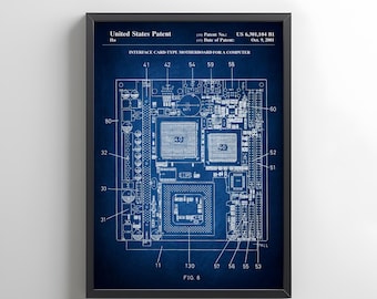Free US post. Design of a computer motherboard  from US Patent Office. Poster gift for IT, computer engineer, computing, software, tech,