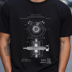 以下が含まれることがあります： 交流発電機の特許の白黒イラスト。特許は1888年3月のもので、「交流発電機」というタイトルです。特許図面は発電機の詳細な図を示しています。
