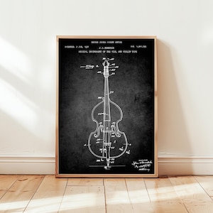 Vintage cello design from1934 from US Patent Office. Poster gift for cellist, cello player, orchestra, stringed instrument, musician, music