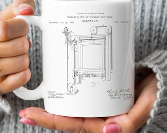 Ascenseur original conçu par Otis en 1880 par l'Office des brevets des États-Unis. Mug cadeau pour architecte, services du bâtiment, ascenseur, ascenseur,