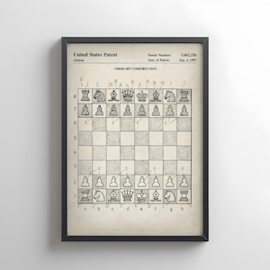 Design chess board game from the US Patent Office. Poster gift for chess player, board games, chess gifting, grandmaster