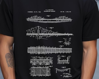 Suspension bridge design from US Patent Office. T-shirt gift  civil, structural engineer, bridge design engineering, history, architecture