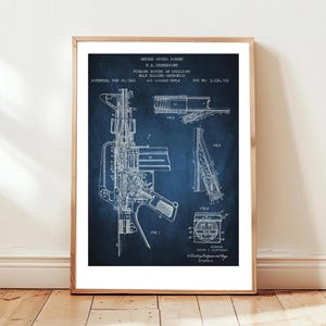 May include: A framed patent print on a dark blue background featuring white technical line drawings of a firearm bolt closing mechanism. The text reads United States Patent F. E. Sturtevant, Patent Feb 22, 1966, Patent No. 3,236,105, M16 Assault Rifle.