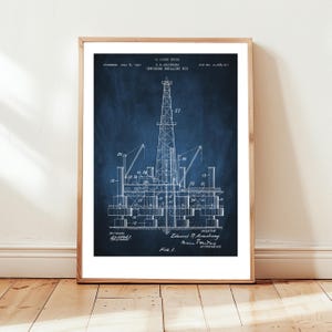 Offshore drilling rig from US Patent Office. Poster gift oil industry, petroleum, exploration, oil and gas wall art, oil well drilling,
