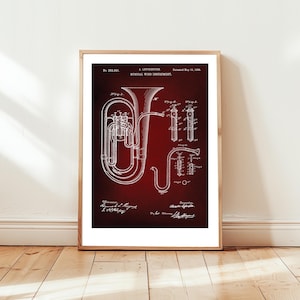 Antique Tuba from 1888 from US Patent Office. Poster gift for Tuba player, brass band, orchestra, music lover , musical instrument,