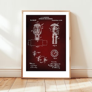 Automatic fire sprinkler from 1895 from US Patent Office. Perfect poster gift for architect, firefighter, fireman, fire station, wall art