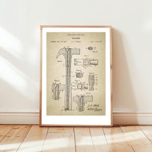 Free US post. Vintage hammer tool design from US Patent Office. Poster gift for mechanic, carpenter, DIY, builder, joiner