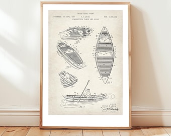 Diseño de canoa y kayak de la Oficina de Patentes de EE. UU. Póster de regalo de canoa, piragüista, piragüismo, kayak, kayakista, kayakismo, deporte acuático, arte de pared,