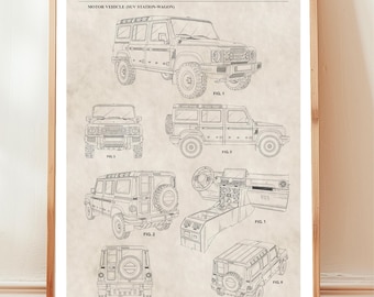 Design of INEOS Grenadier 4wd suv vehicle from US Patent Office. Print gift driver, off road automobile, off-roader, 4x4, man cave decor