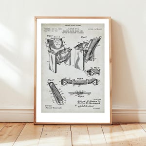 Theaterstoelontwerp van US Patent Office. Postercadeau, theaterkunst aan de muur, theatergeschiedenis, meubels, publiek, theaterbezoeker