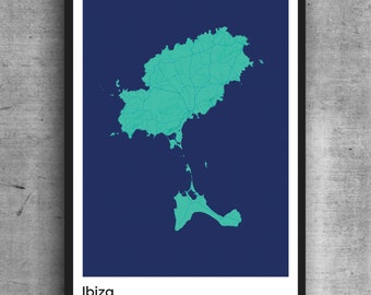 Ibiza minimalistisches Kartendruck-Poster. Hochwertiges farbenfrohes Poster von Ibiza Spanien auf Qualitäts-Kunstpapier