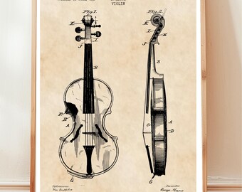 Diseño de violín antiguo de 1992 de la Oficina de Patentes de EE. UU. Póster ideal como regalo para violinistas, amantes de la música y músicos, o para decorar una sala de música.