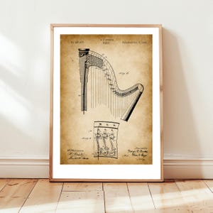 Harp string musical instrument patent from 1890 from the US Patent Office. Poster gift for music lover, harpist, musician, orchestra