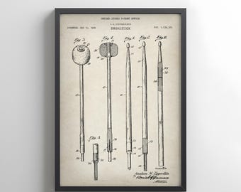 Design of drumsticks from US Patent Office. Poster gift drummer, drums, music room wall art, musician, percussionist, musical instrument,