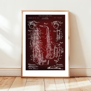 Design eines Saxofons vom US Patent Office. Poster Geschenk für Saxophonspieler, Saxophonist, Jazz Fan, Musikliebhaber, Musiker, Musical