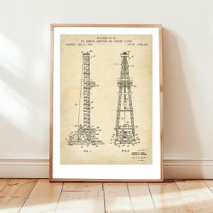 Oil derrick for drilling design from US Patent Office. Poster gift oil engineer, oil and gas exploration, petroleum engineering, energy,