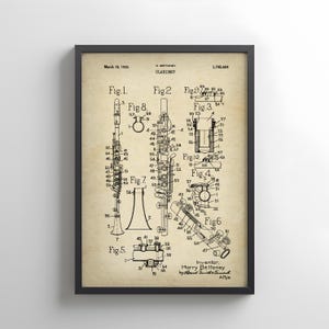 Design of vintage clarinet 1929 from US Patent Office. Poster gift for clarinettist, clarinet player, woodwind, band, musical instrument