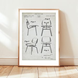 Design de cadeira por Charles Eames, patenteado nos EUA. Pôster para arquiteto, designer de interiores, design de móveis, ergonomia e estilo vintage. Ideal para presentear arquitetos, designers de interiores, entusiastas de design de móveis, ergonomia e estilo vintage.