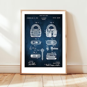Padlock design from 1877 from US Patent Office. Poster gift locksmith, security, locks, vintage lock,