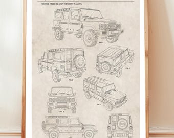 Design of INEOS Grenadier 4wd suv vehicle from US Patent Office. Print gift driver, off road automobile, off-roader, 4x4, man cave decor